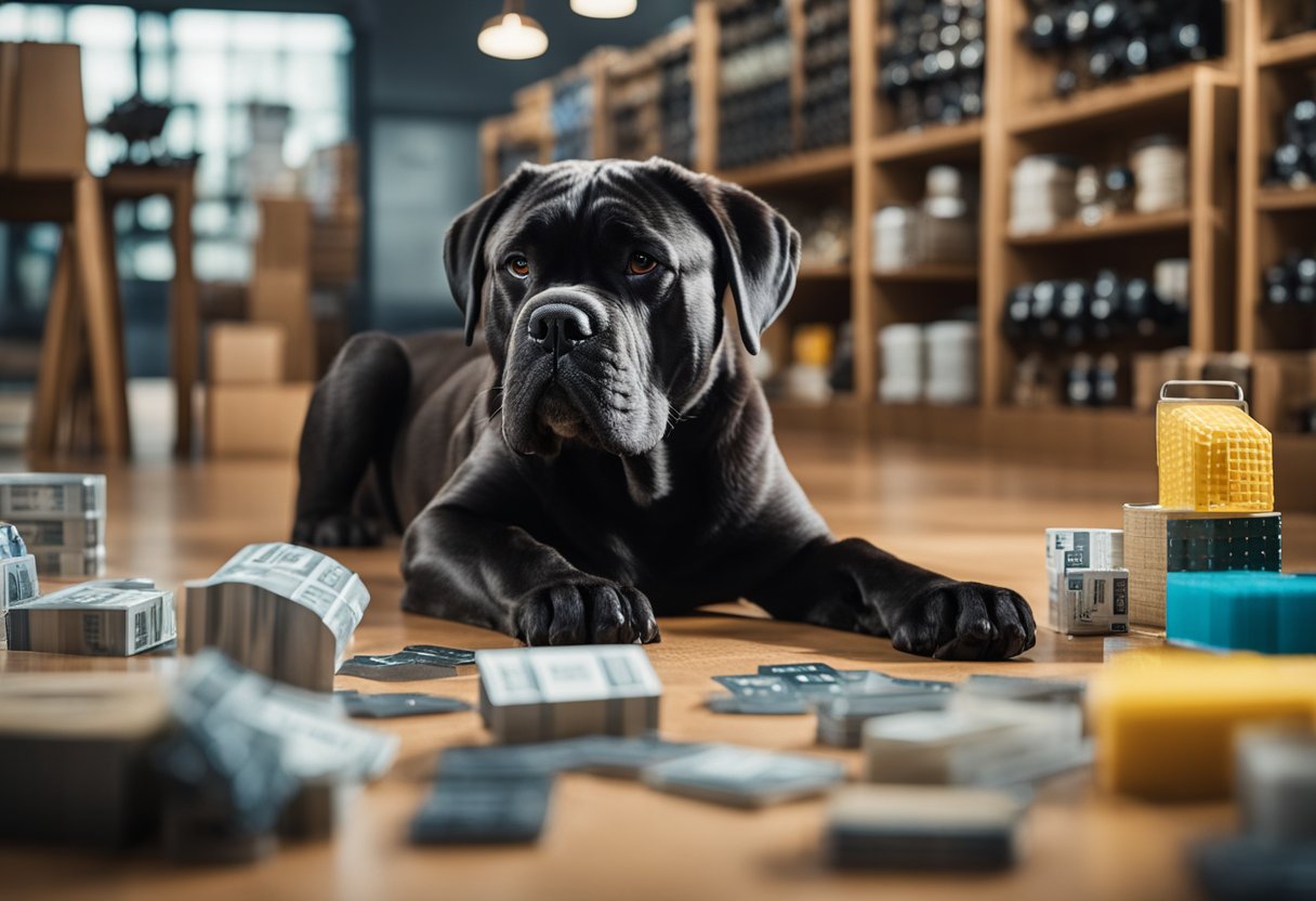 A cane corso stands next to a price tag, surrounded by various items representing additional costs to consider
