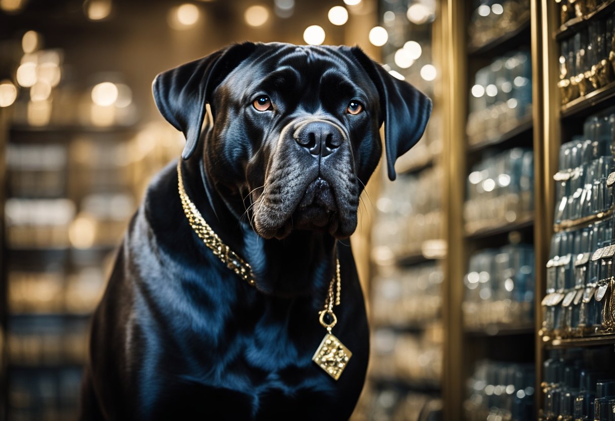 A Cane Corso stands proudly in front of a price tag, surrounded by symbols of wealth and luxury