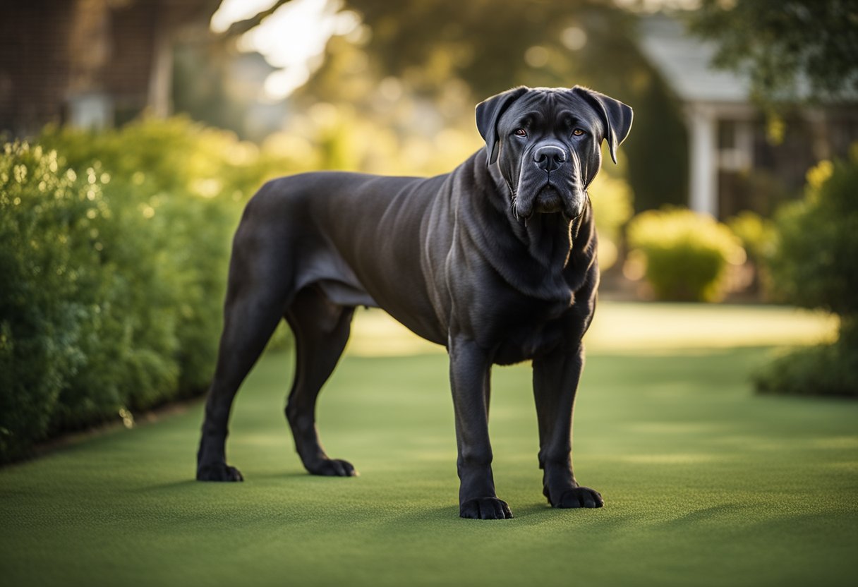 A cane corso stands majestically in a spacious backyard, its powerful physique exuding confidence. A price tag hovers above, indicating the value of long-term commitment
