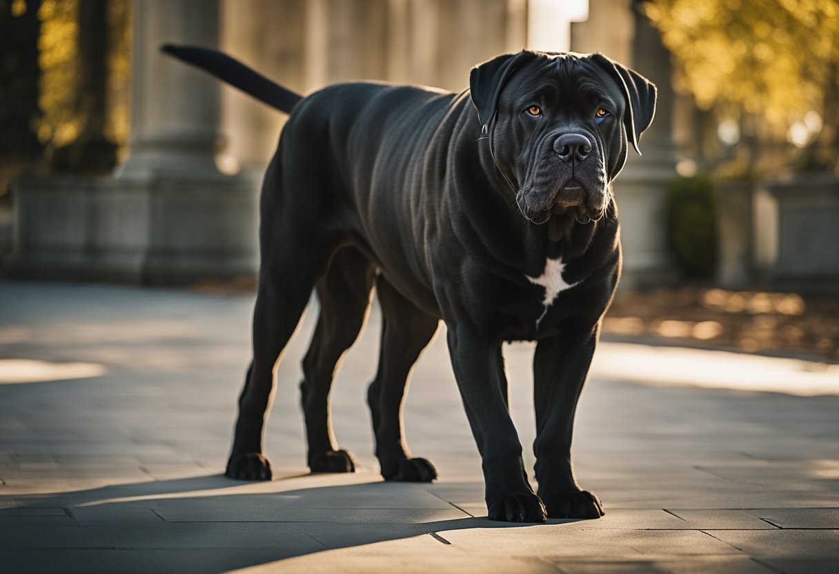 A regal cane corso stands proudly, its muscular frame exuding strength and confidence. The intense gaze of its almond-shaped eyes captivates the viewer, while its sleek coat glistens in the sunlight