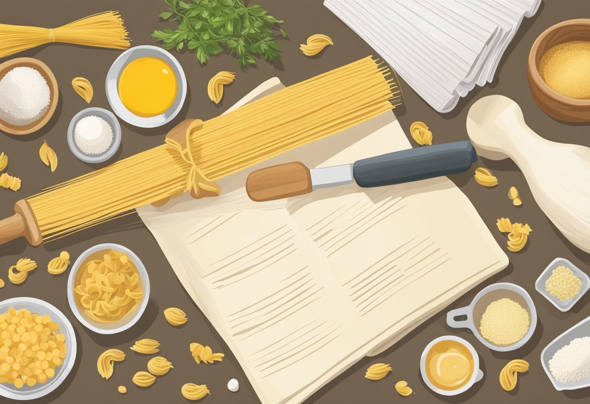 A table with pasta making ingredients, tools, and instructions laid out. Flour, eggs, rolling pin, and recipe book are prominent