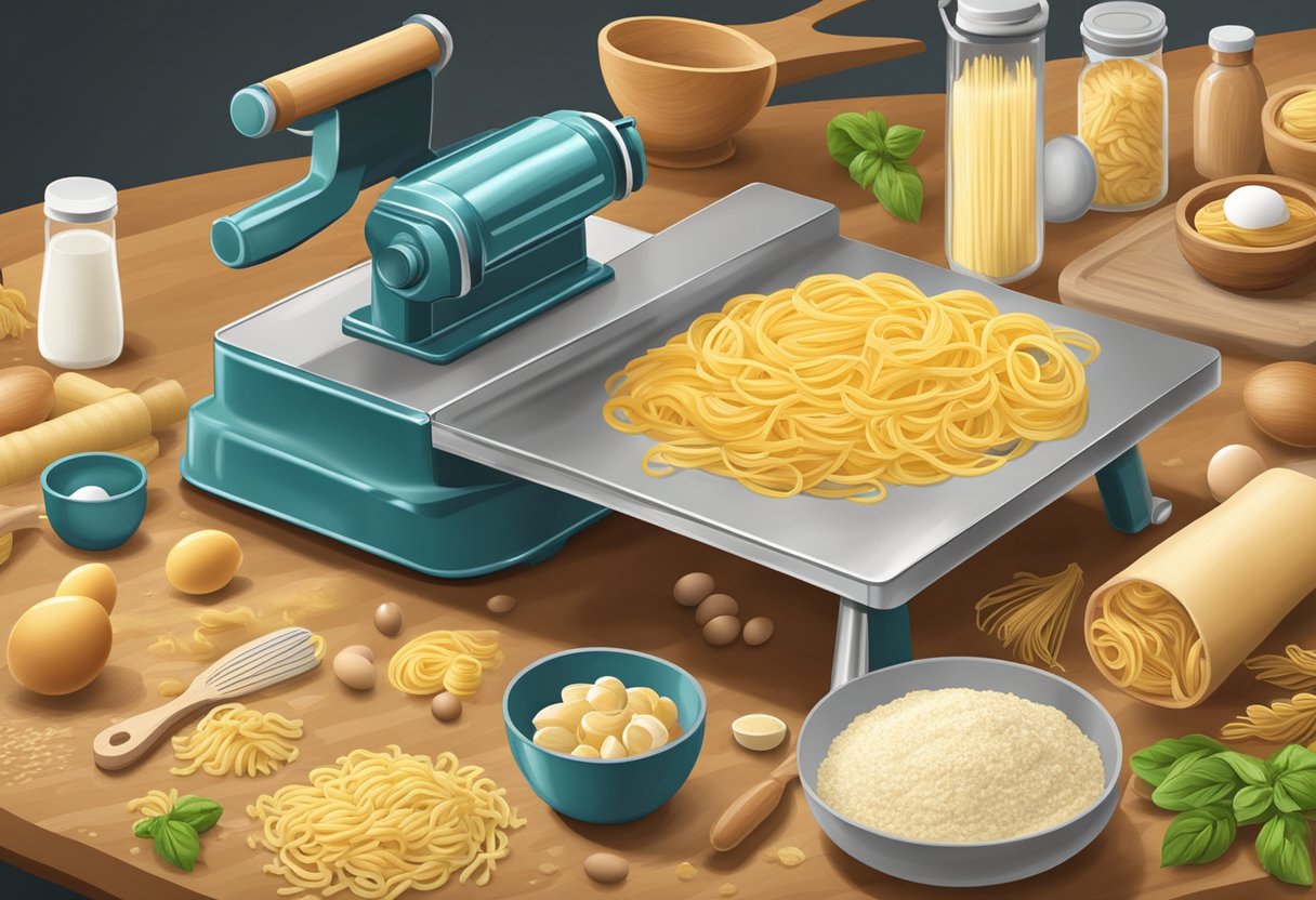 A wooden countertop with a pasta machine, rolling pin, flour, eggs, and various pasta shapes in containers