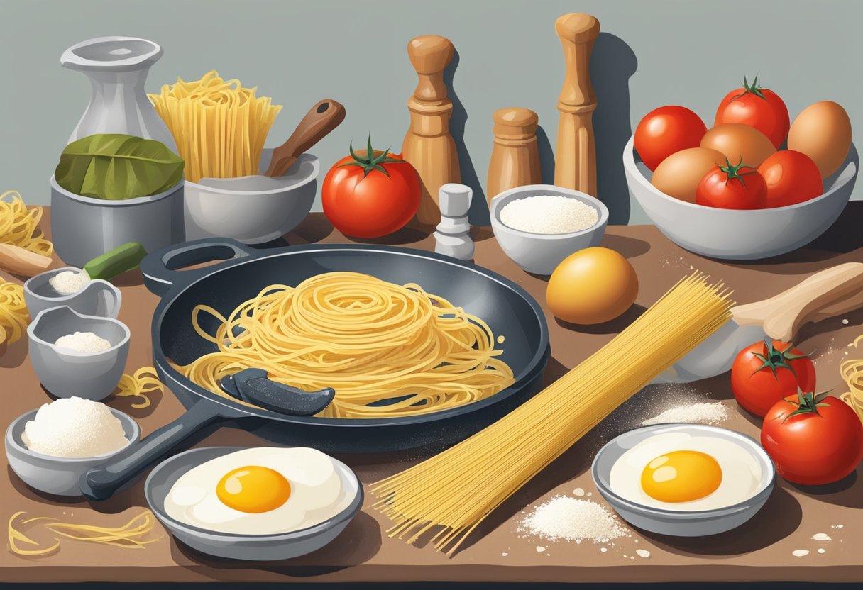 A kitchen counter with pasta making tools, flour, eggs, and tomatoes. A cookbook open to a page on Italian pasta recipes