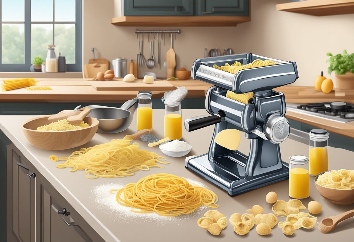 A clutter-free kitchen counter with a pasta making kit, including a manual pasta machine, various pasta shapes, and ingredients like flour and eggs