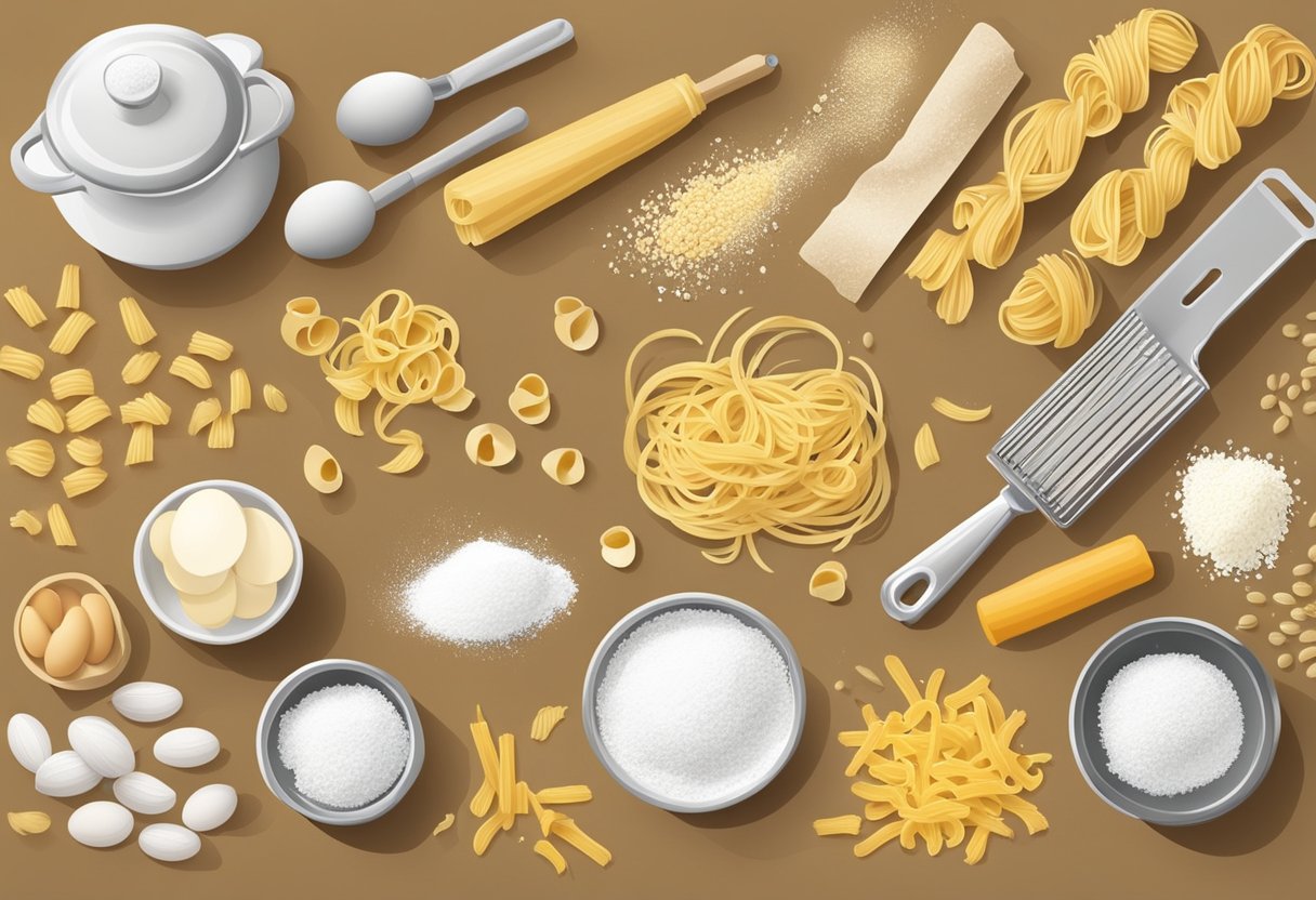 A kitchen counter with a variety of pasta making tools and ingredients spread out, including flour, eggs, rolling pins, and pasta cutters