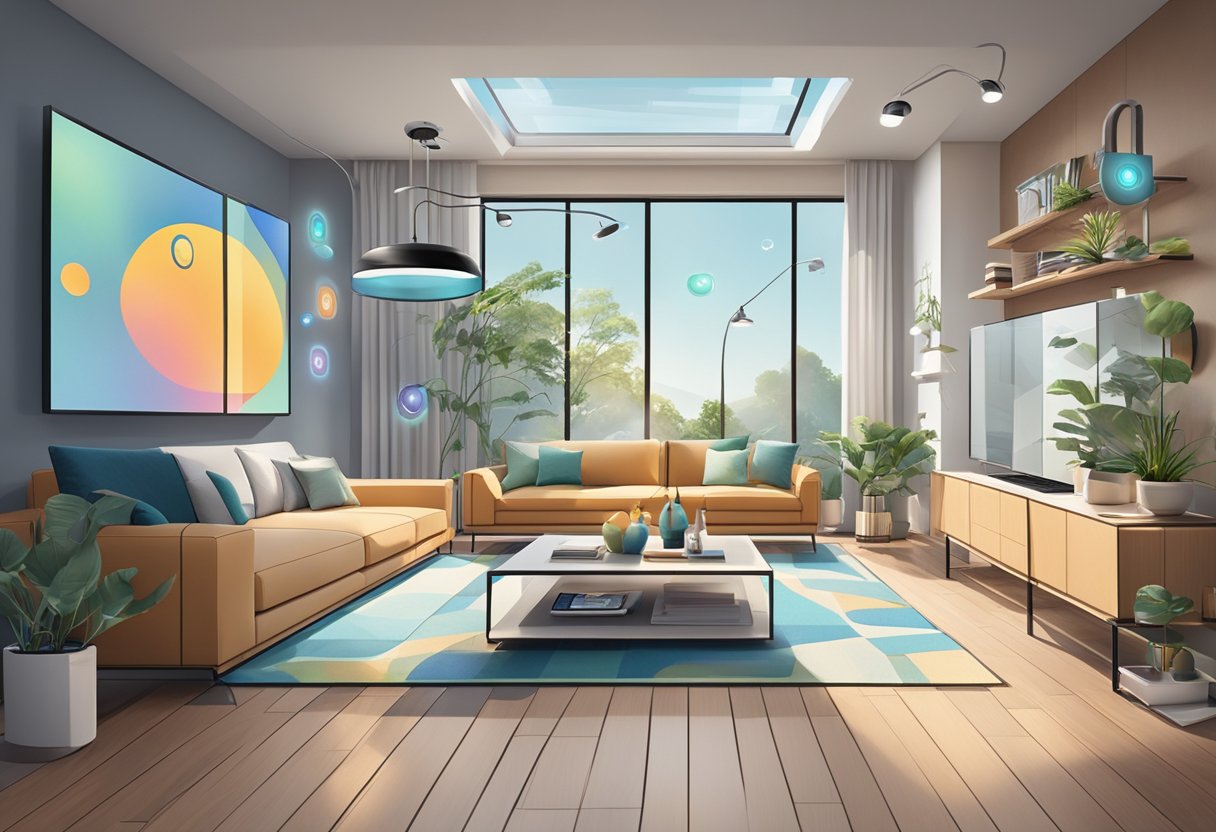 A modern home with integrated smart devices, including security cameras, motion sensors, and voice-controlled assistants. The devices are interconnected, creating a seamless smart home ecosystem