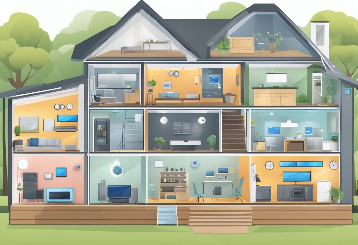 A smart home security system is shown with cameras, sensors, and a central control panel. Subscriptions and services are highlighted