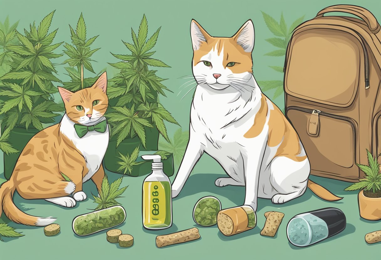 A dog happily sniffs a bottle of CBD oil while a cat lounges next to a bag of hemp-infused treats. A bird perches on a branch nearby, surrounded by cannabis plants