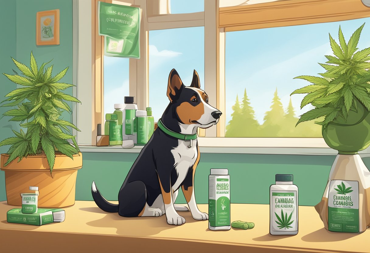 A dog sits beside a table with cannabis products. A warning sign is displayed next to the products. An open window shows a sunny day outside