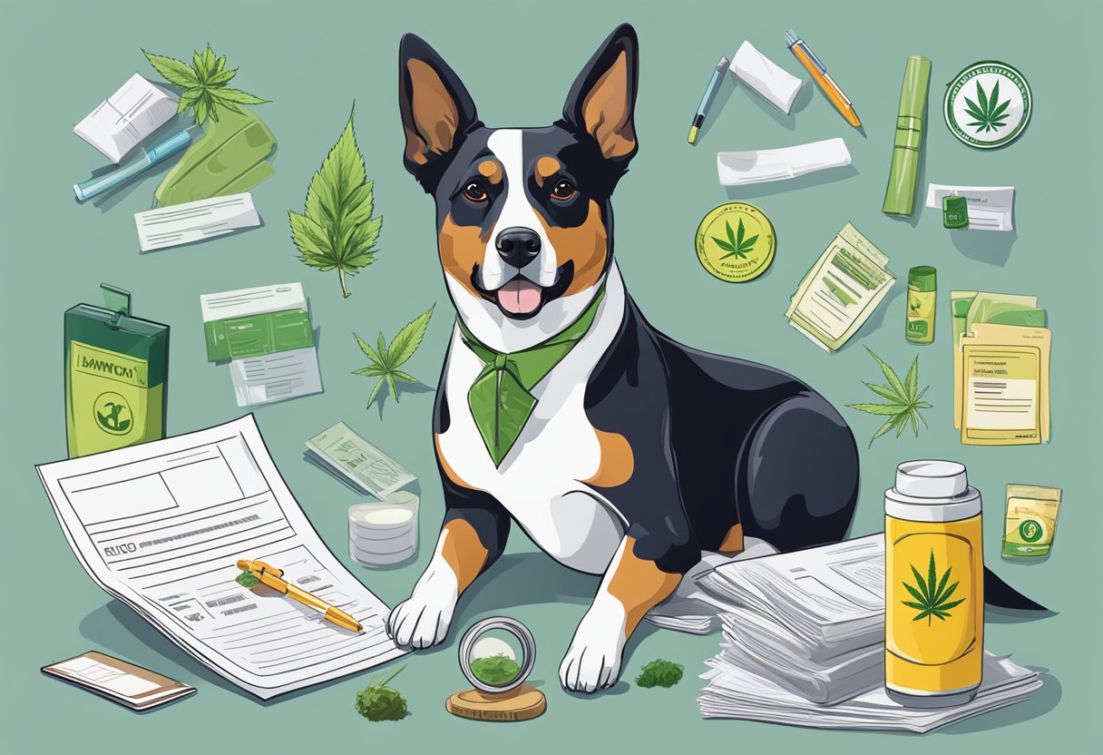 A dog with a cannabis product next to a warning label, surrounded by legal documents and regulatory guidelines