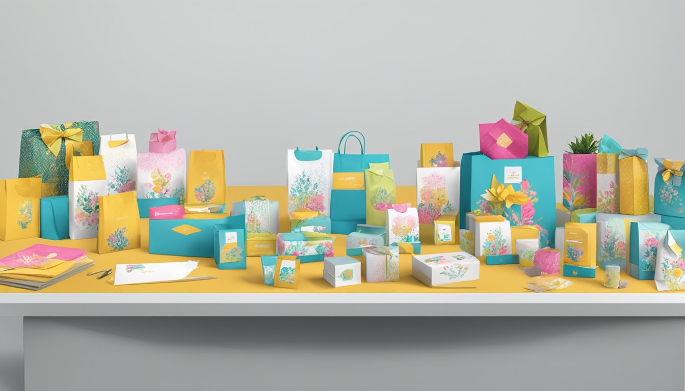 A table displays various corporate gifts, including branded items and custom packaging, with the TrendGifting.com.sg logo prominently featured