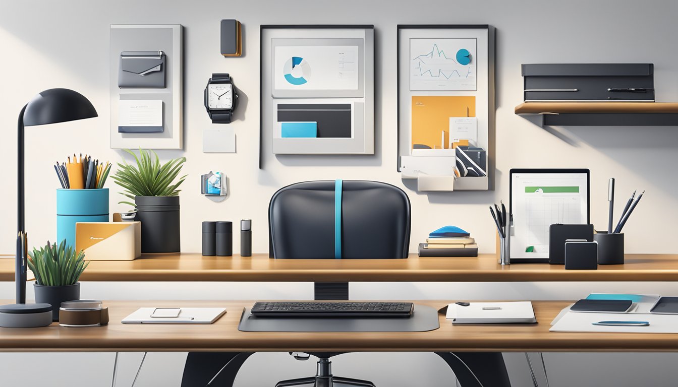 A sleek and modern office setting with a desk adorned with elegant corporate gifts, such as branded pens, leather notebooks, and tech gadgets. The company's logo prominently displayed on the wall