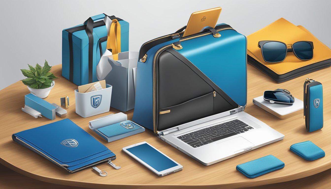 A table displaying a variety of corporate gifts, including branded items, tech gadgets, and luxury accessories. A company logo prominently featured on each item