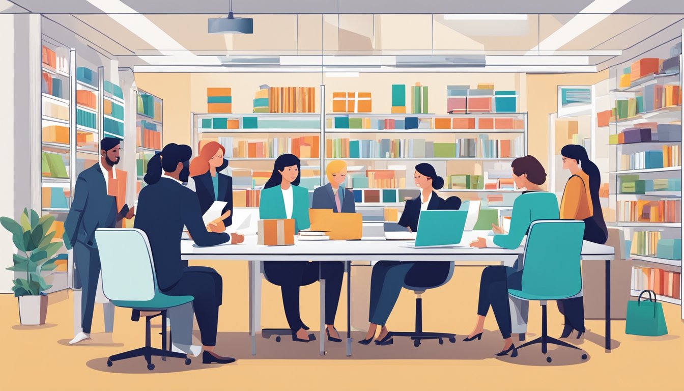 A group of professionals gather around a table, examining and discussing various corporate gifts. The room is bright and modern, with shelves of gift options in the background