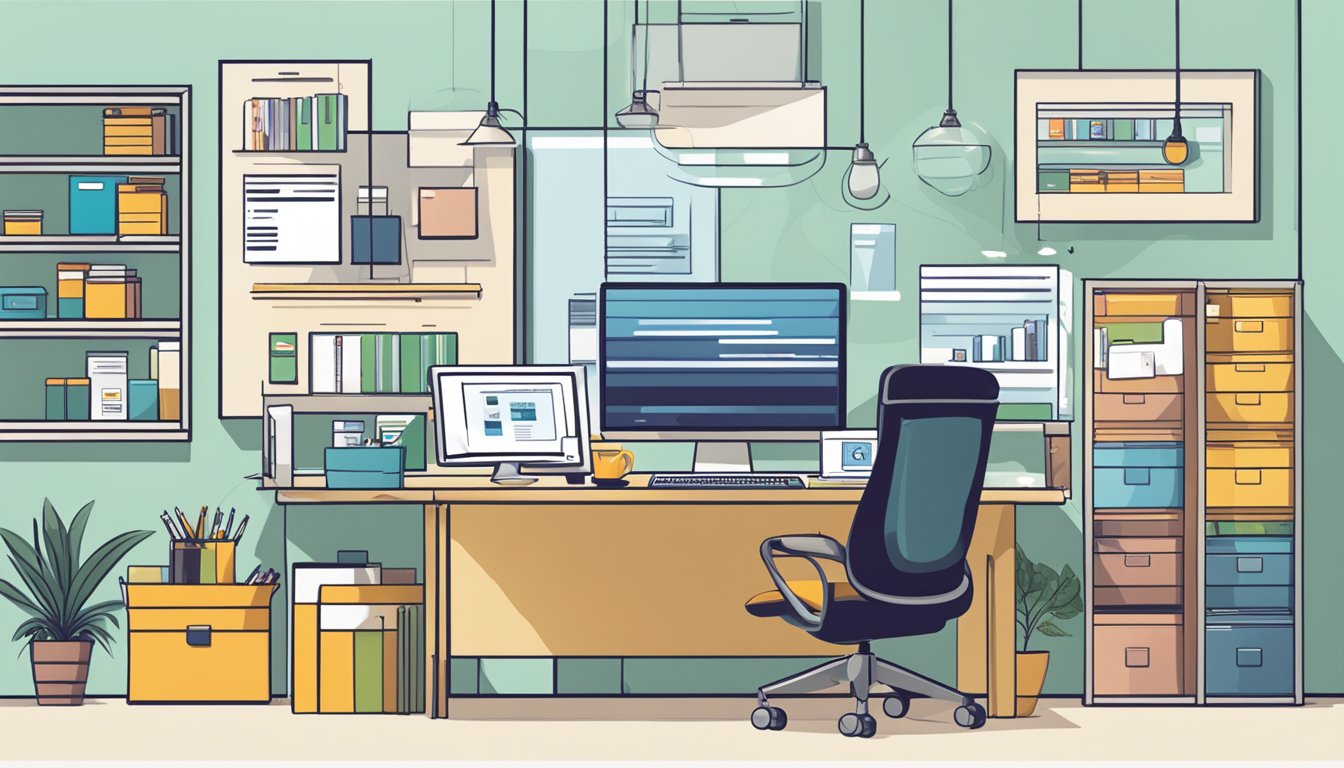 A modern office setting with a computer screen displaying the Giftano.com website, surrounded by corporate gift items such as branded merchandise and gift cards