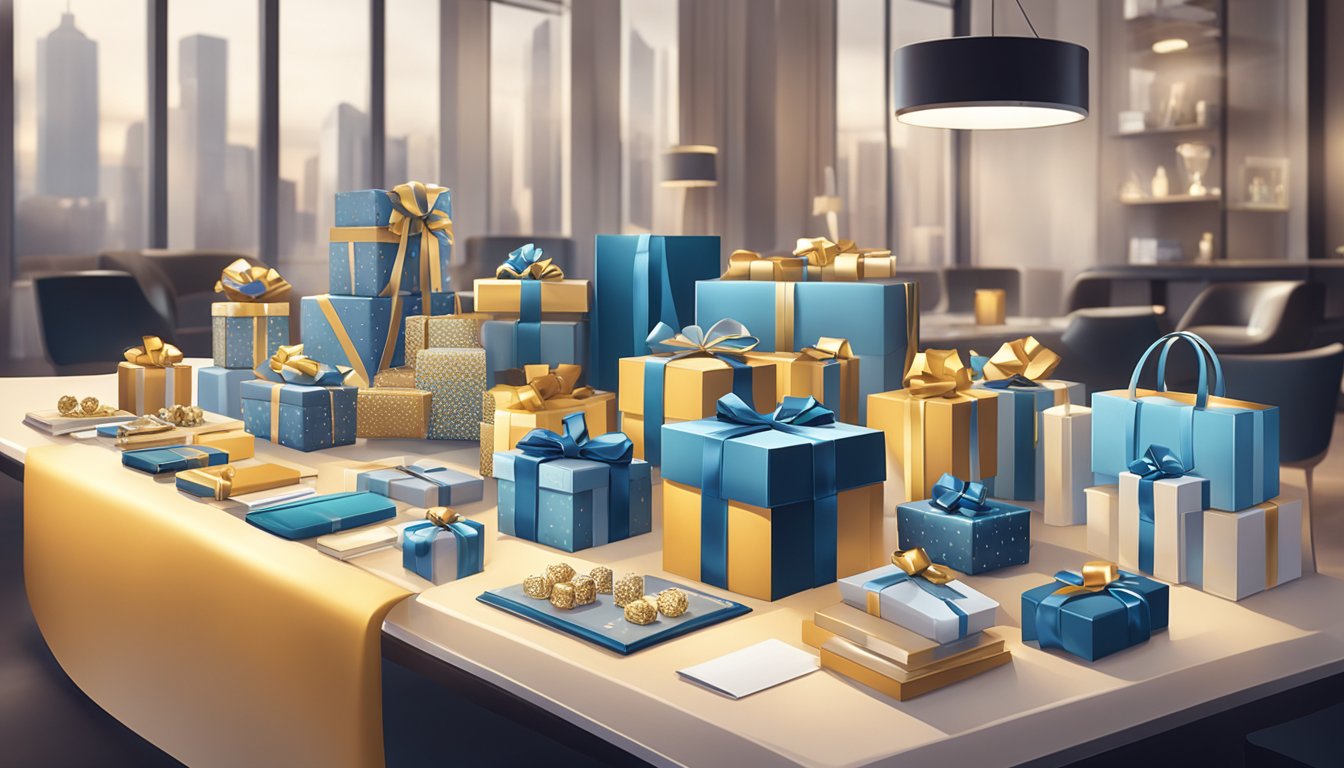 A table filled with various corporate gifts, including branded merchandise and luxury items, displayed in an elegant setting with soft lighting