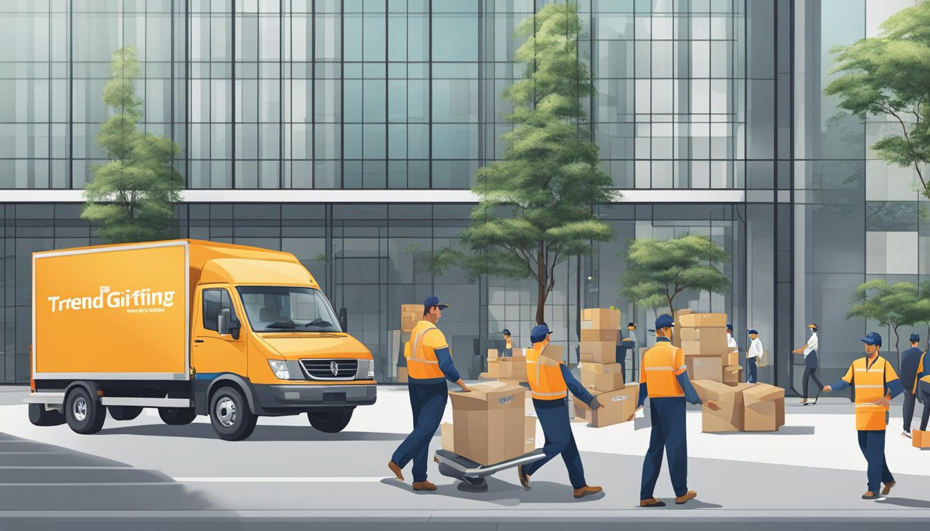 A delivery truck parked outside an office building, with workers unloading boxes labeled "TrendGifting.com.sg Corporate Gifts Singapore."