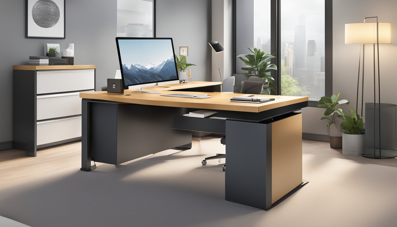 A sleek, modern office desk adorned with high-quality corporate gifts from Giftano.com, showcasing impeccable craftsmanship and attention to detail