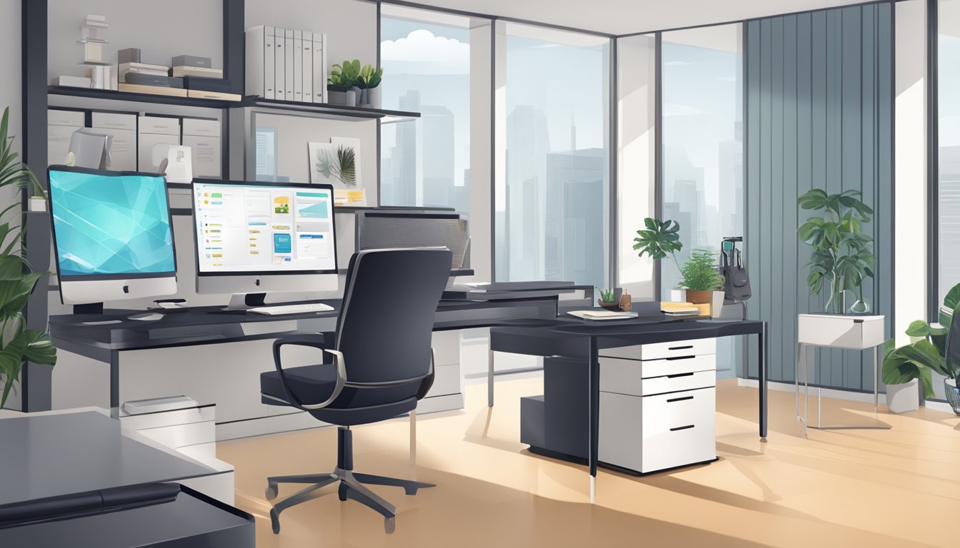 A sleek, modern office setting with a desk adorned with elegant corporate gifts and a computer screen displaying positive customer reviews for TrendGifting.com.sg in Singapore