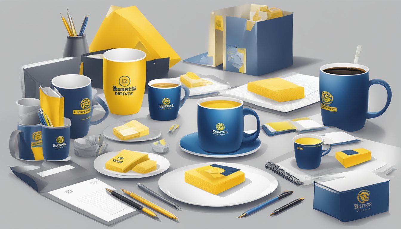 A table with various corporate gifts displayed, including branded mugs, pens, and notebooks. The Butter Prints Pte Ltd logo is prominently featured on each item