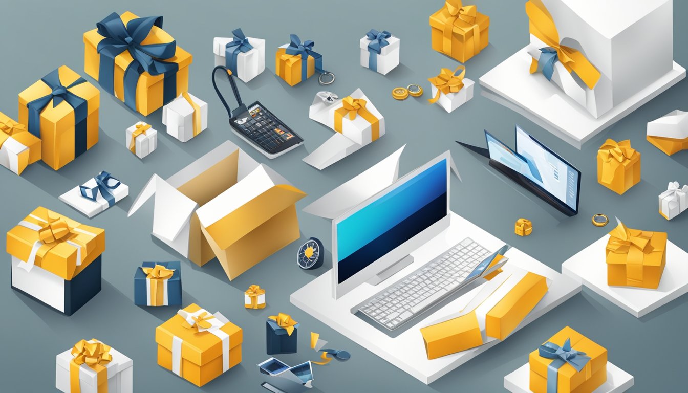 A group of corporate gifts displayed on a sleek, modern website, with clear pricing and value indicators. The logo of Giftano.com is prominently featured, adding a professional touch to the scene