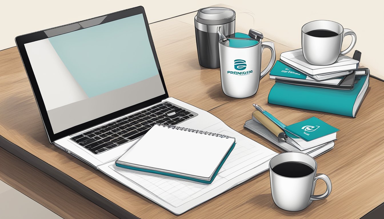 A table with branded corporate gifts, including mugs, notebooks, and pens, displayed in a professional setting with the company logo prominently featured