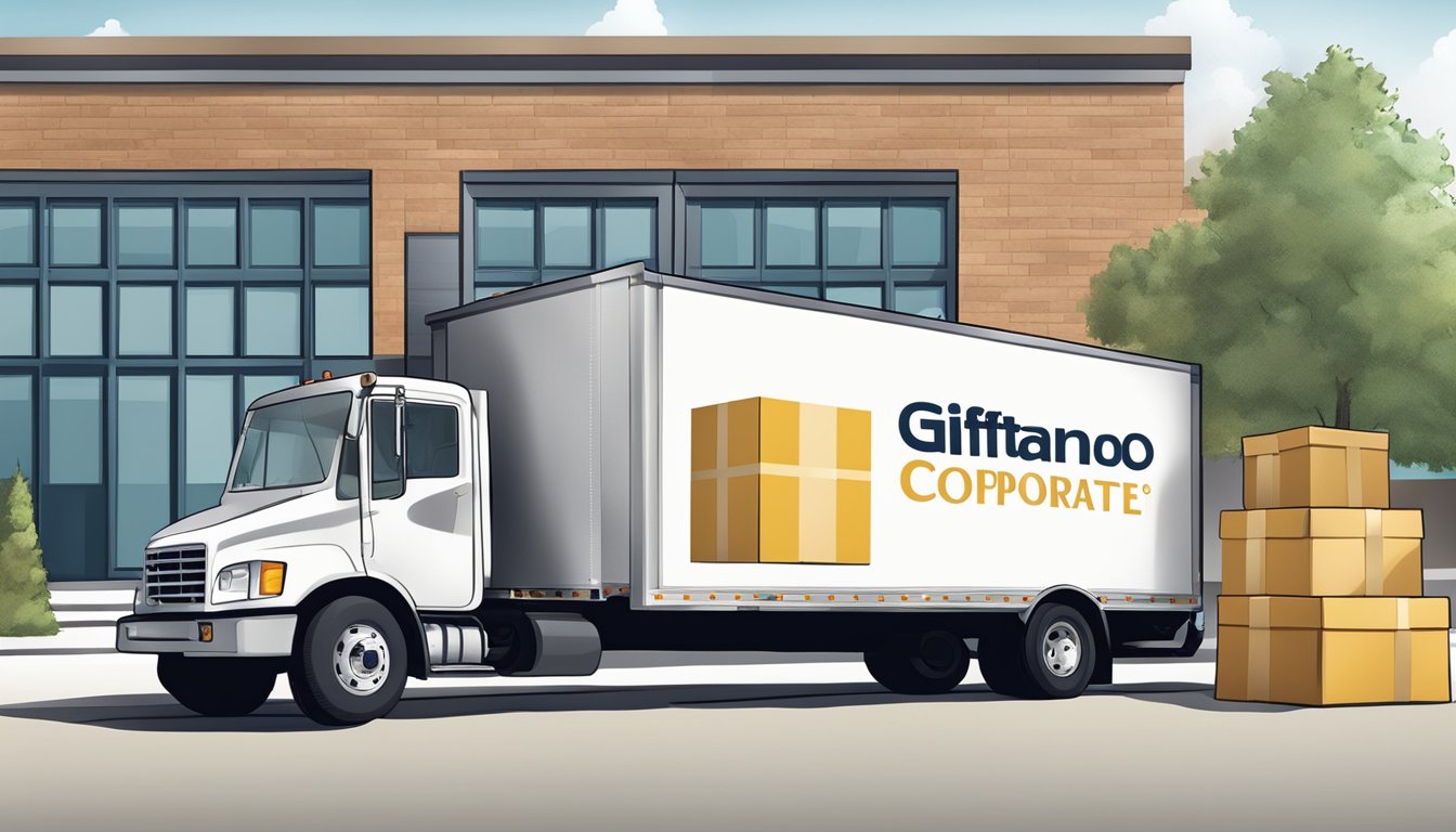A delivery truck pulls up to a corporate office, with a stack of gift boxes labeled "Giftano.com Corporate Gifts" being unloaded onto a loading dock