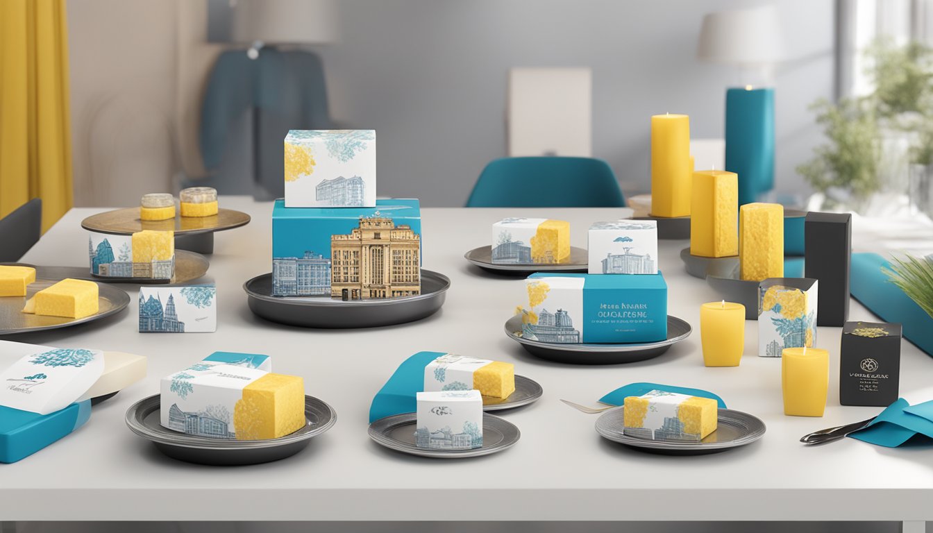 A table adorned with an array of corporate gifts, including custom butter prints, in a stylish office setting