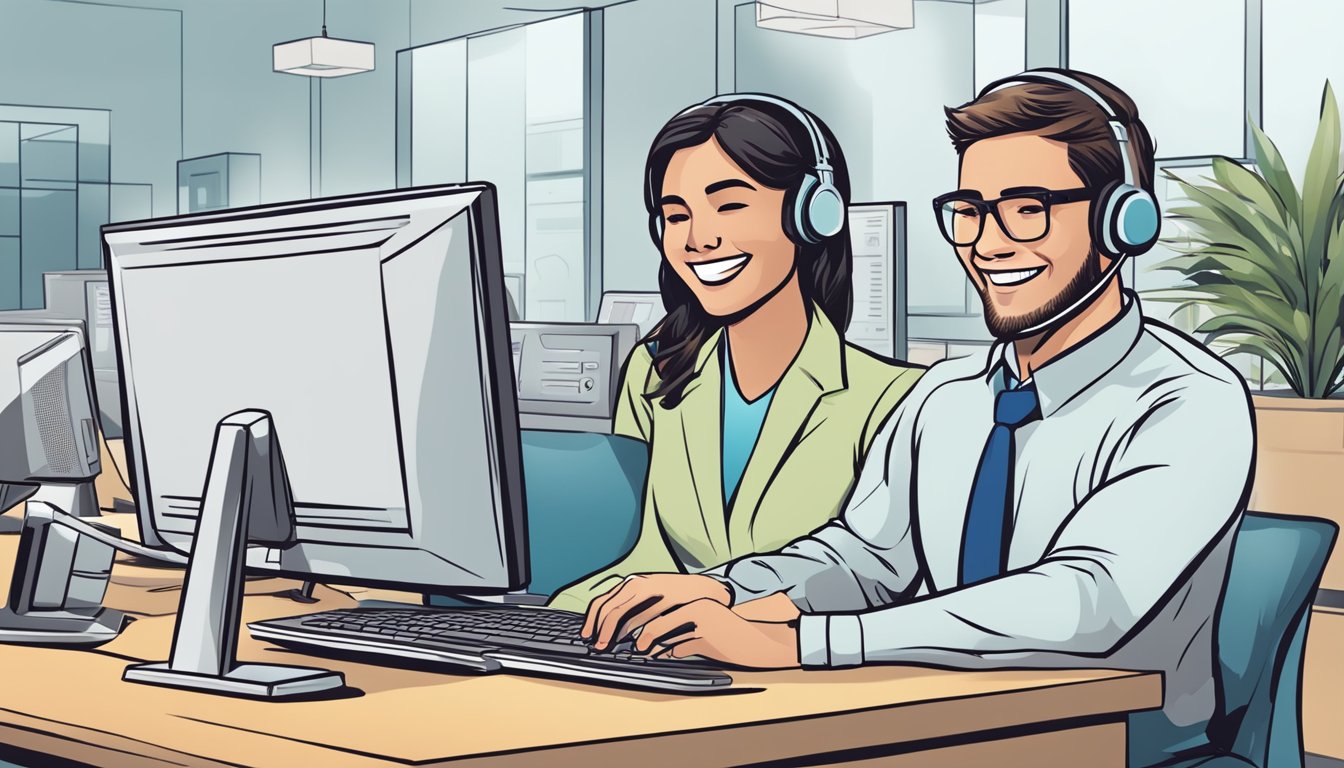 A customer service representative smiles while assisting a corporate client with a gift order on Giftano.com. The representative is surrounded by a computer, phone, and corporate gift catalog
