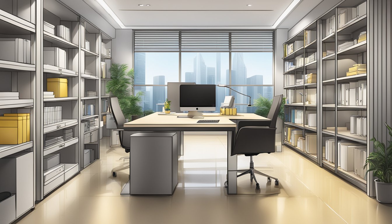 A sleek, modern office setting with shelves of beautifully crafted corporate gifts and a sign displaying "Quality and Craftsmanship Butter Prints Pte Ltd" in Singapore