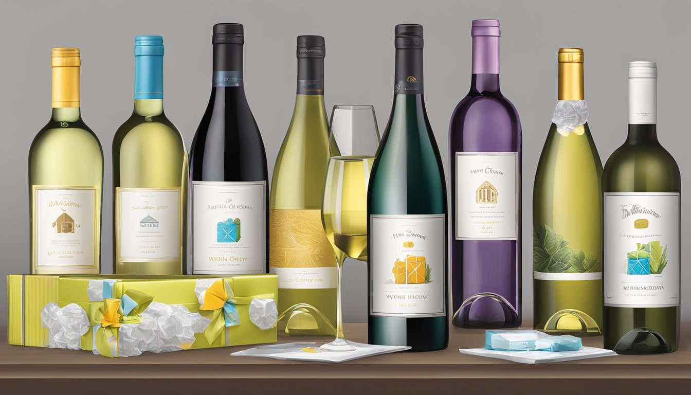 A table displaying various corporate gifts, including wine bottles and gift sets, with the WinesOnline.com.sg logo on the packaging