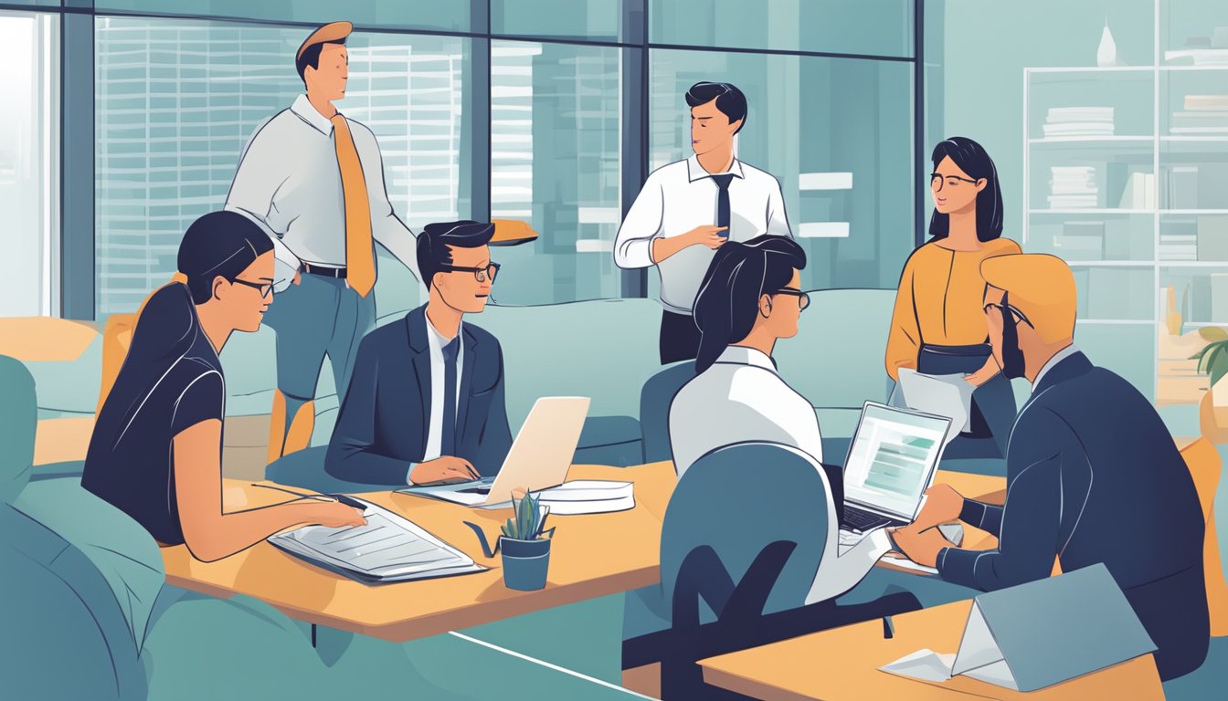A group of professionals discussing and reviewing corporate gifts on Giftano.com, with FAQ section highlighted