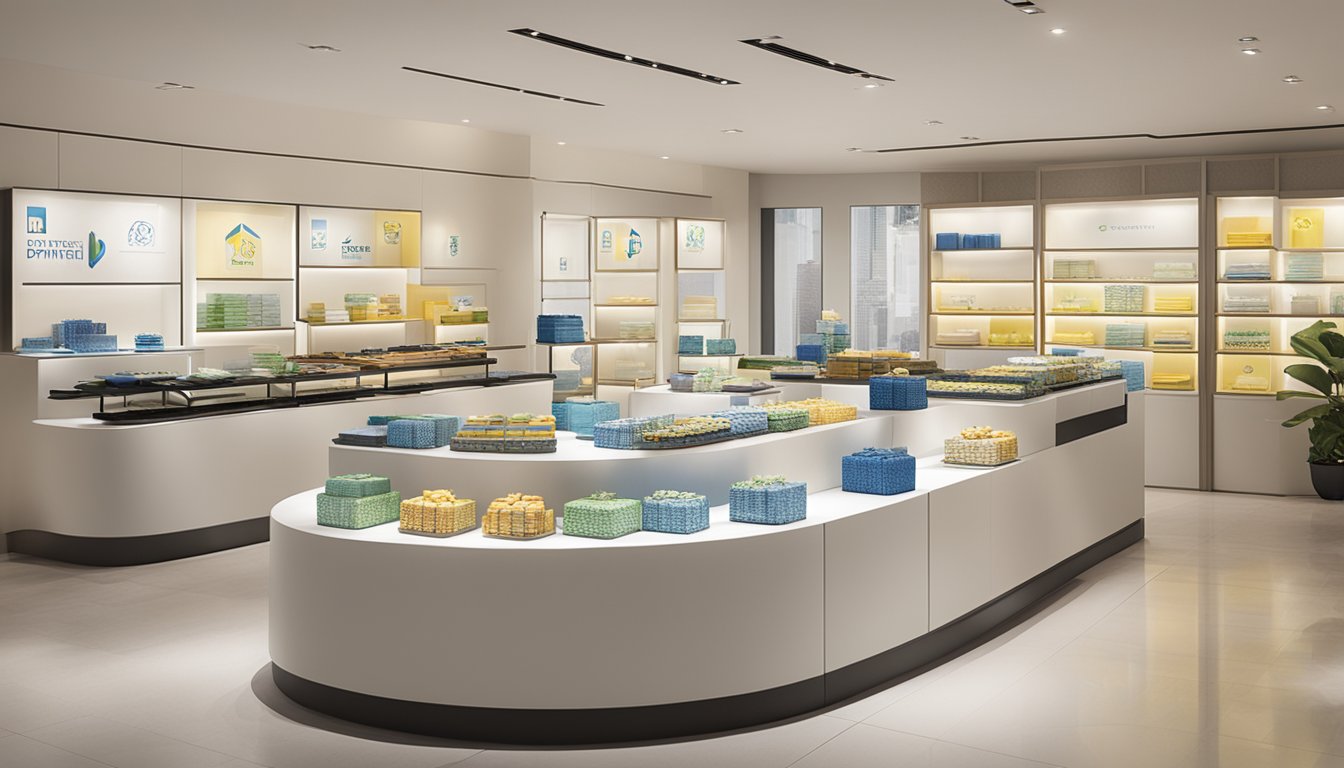 A table filled with elegant corporate gifts, branded with the Butter Prints Pte Ltd logo, displayed in a well-lit showroom