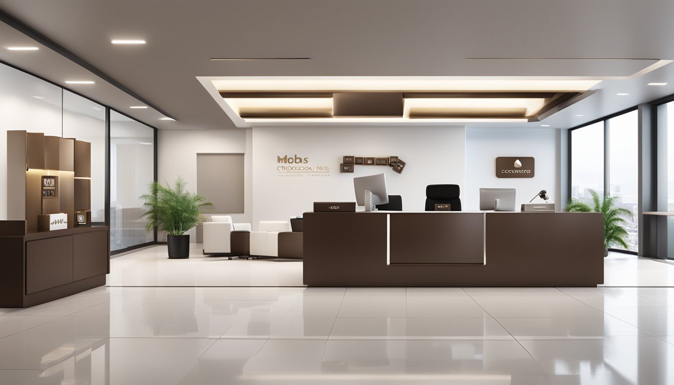 A corporate office setting with branded chocolate gift boxes displayed on a sleek, modern desk. A professional atmosphere with elegant decor and a logo prominently featured