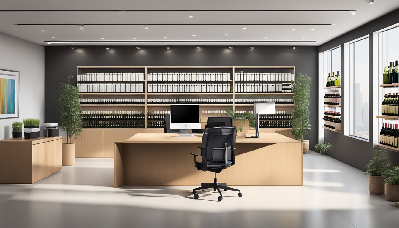 A sleek and modern office setting with shelves of wine bottles and a branded corporate gifts display. The company logo prominently displayed on the wall