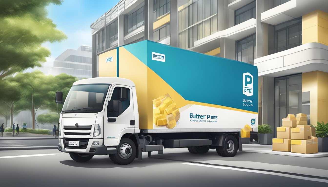 A delivery truck unloading boxes at a corporate office, with Butter Prints Pte Ltd logo on the packages. The office building is located in Singapore