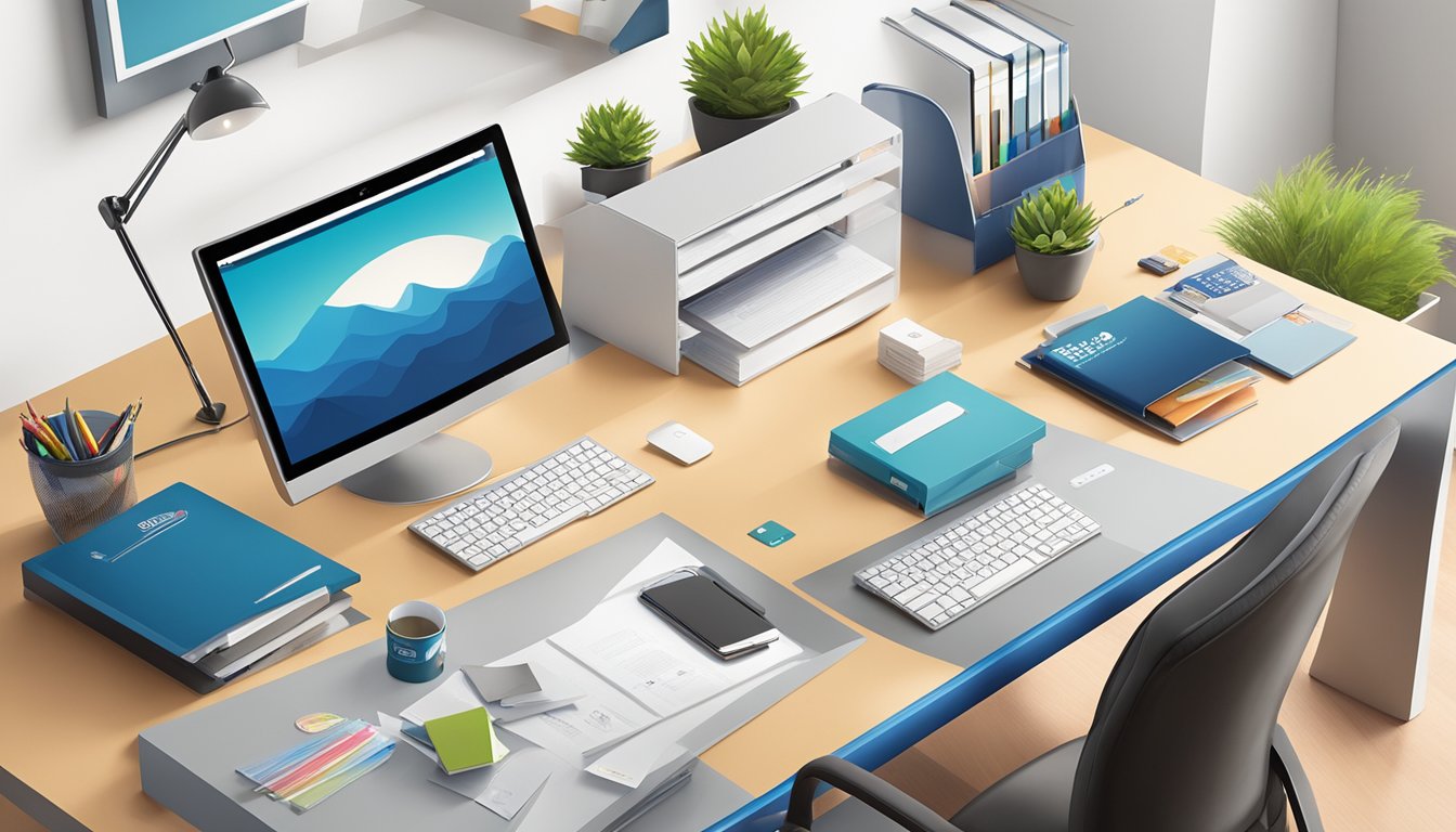 A corporate office desk with branded gifts, logo prints, and customer service materials