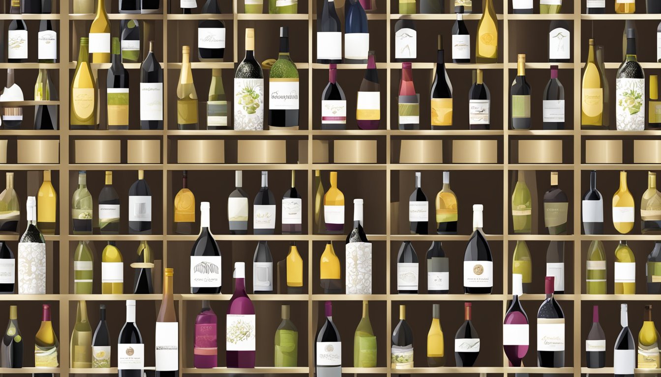 A variety of wine bottles and gift boxes arranged on a sleek, modern display shelf with the WinesOnline.com.sg logo prominently featured