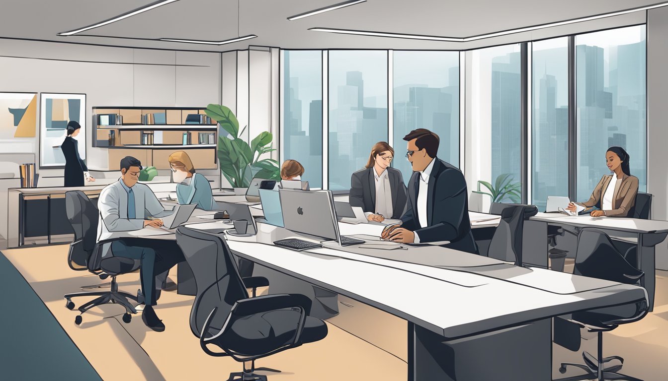 The scene features a sleek and modern office setting with the HelloChocolate.com logo prominently displayed. A group of professionals are engaged in a meeting, discussing corporate gifts. The atmosphere is professional and dynamic, with a focus on high-quality products and customer satisfaction