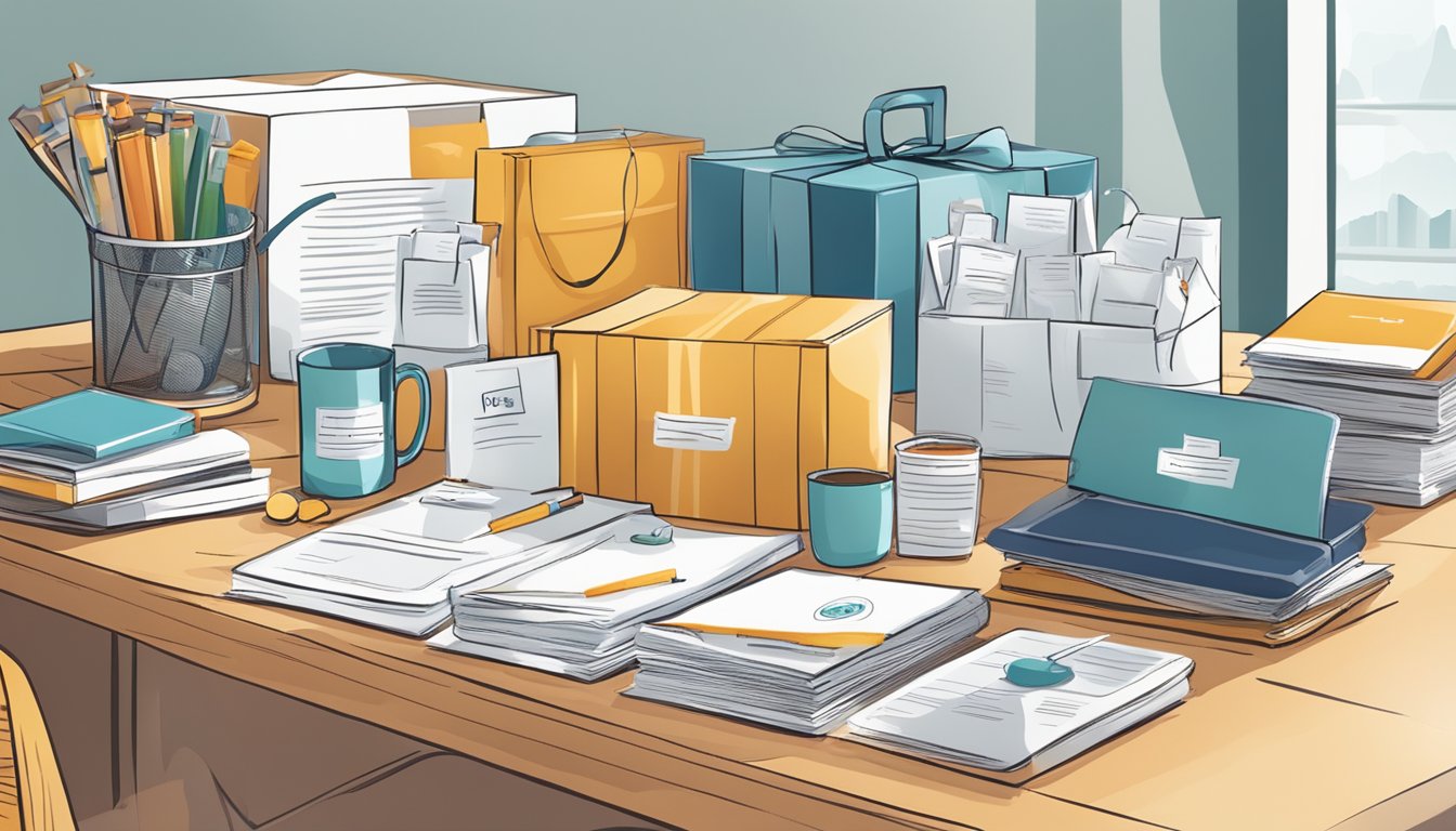 Various corporate gifts arranged on a table with positive customer testimonials and reviews displayed in the background
