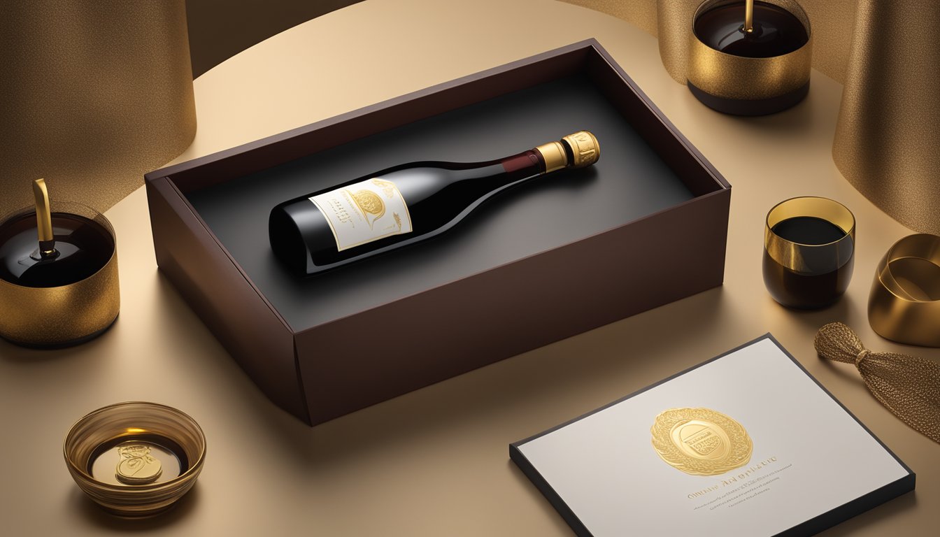 A sleek wine bottle with a gold embossed logo sits on a rich mahogany gift box, surrounded by elegant packaging and a personalized note