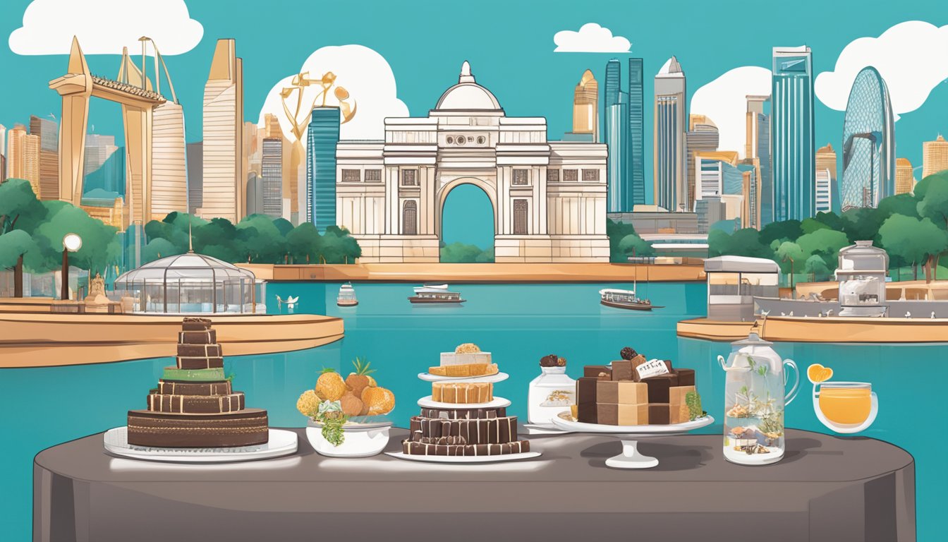 A table displays a variety of elegant corporate gifts with the HelloChocolate.com logo. The backdrop features iconic Singapore landmarks