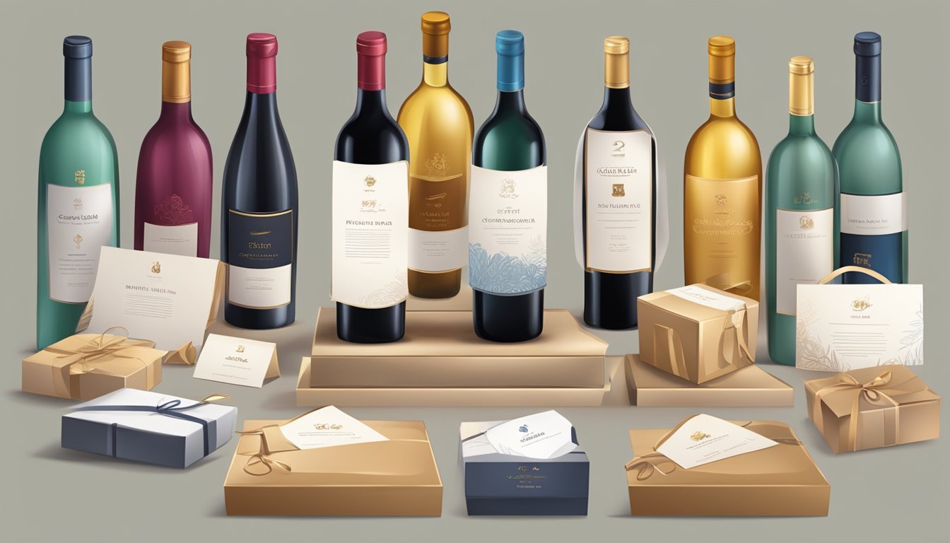 A table displaying various corporate gift options with price tags and descriptions. Wine bottles and gift boxes are neatly arranged on the table