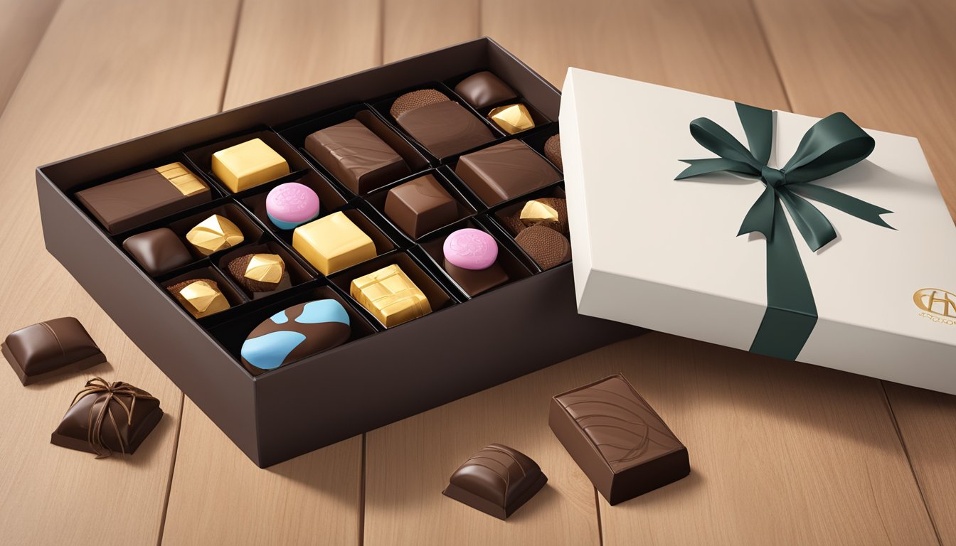 A luxurious gift box with the HelloChocolate.com logo, filled with carefully crafted chocolates and elegant packaging, sits on a polished wooden table