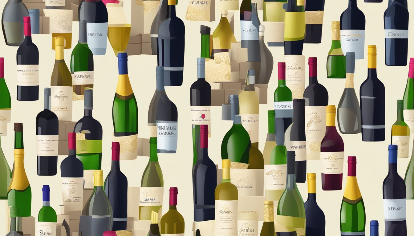 A pile of wine bottles and gift boxes labeled "WinesOnline.com.sg Corporate Gifts" ready for delivery and shipping
