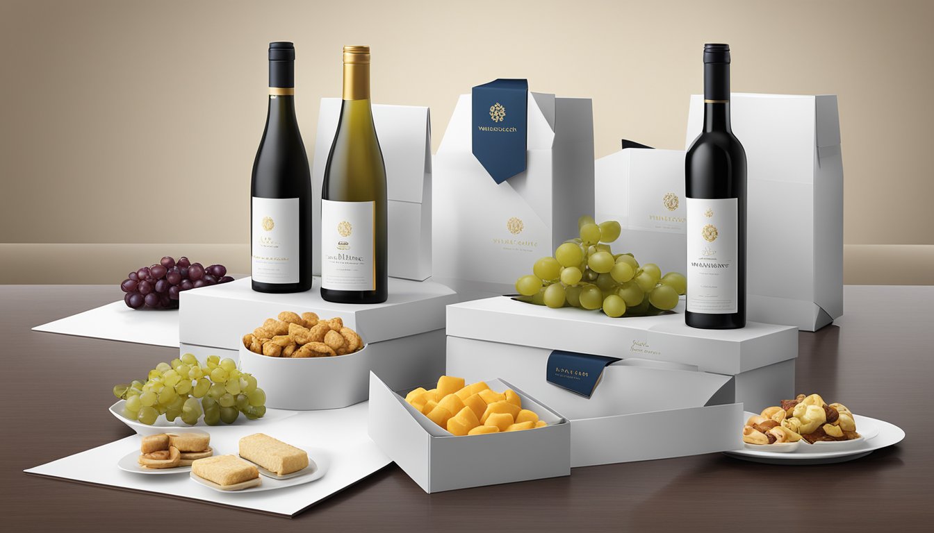 A group of corporate gift boxes with the WinesOnline.com.sg logo displayed on a sleek, modern table. Wine bottles, gourmet snacks, and elegant packaging convey a sense of luxury and sophistication