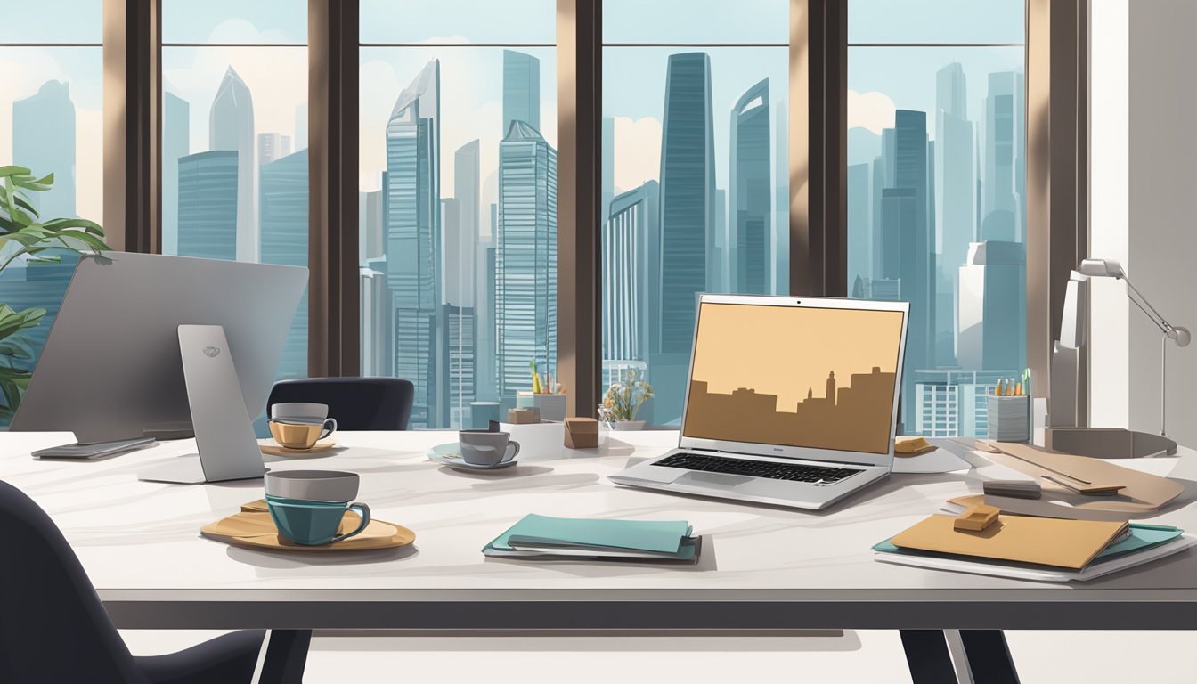 A sleek, modern office setting with a table showcasing a variety of luxurious chocolate corporate gifts. A laptop displaying the HelloChocolate.com website and a Singapore skyline in the background