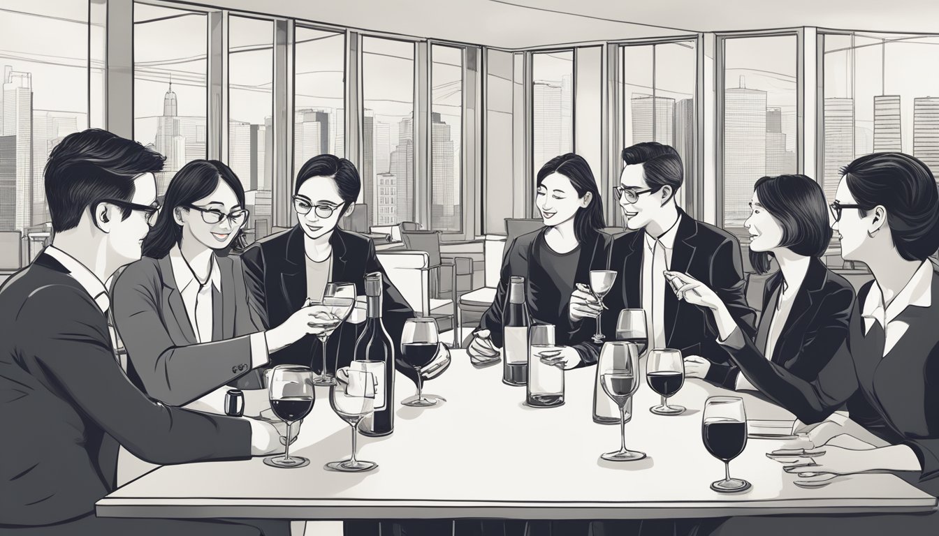 A group of corporate professionals gathered around a table, sipping on glasses of wine while discussing and reviewing the corporate gifts offered by WinesOnline.com.sg