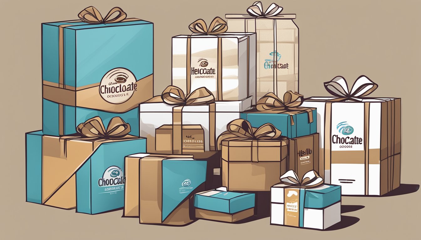 A package labeled "HelloChocolate.com Corporate Gifts" sits on a conveyor belt, surrounded by shipping boxes and packing materials. The logo of the company is prominently displayed on the package