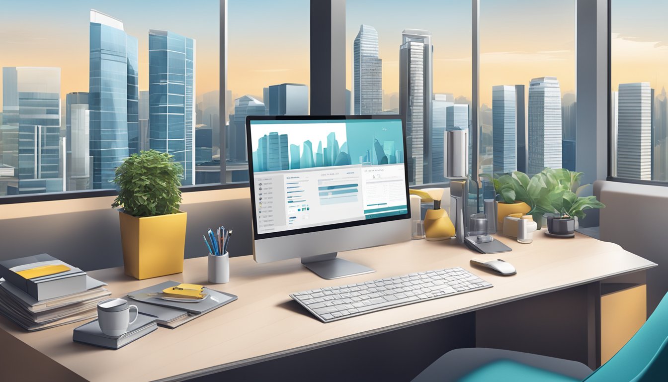 A sleek, modern office setting with a computer screen displaying the HelloChocolate.com website, surrounded by various corporate gift items and Singapore cityscape in the background